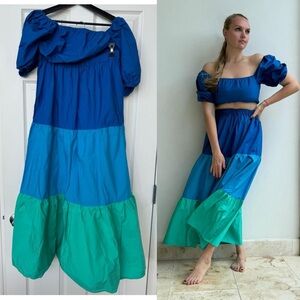 Forever 21 Blue and Green Off-Shoulder skirt set